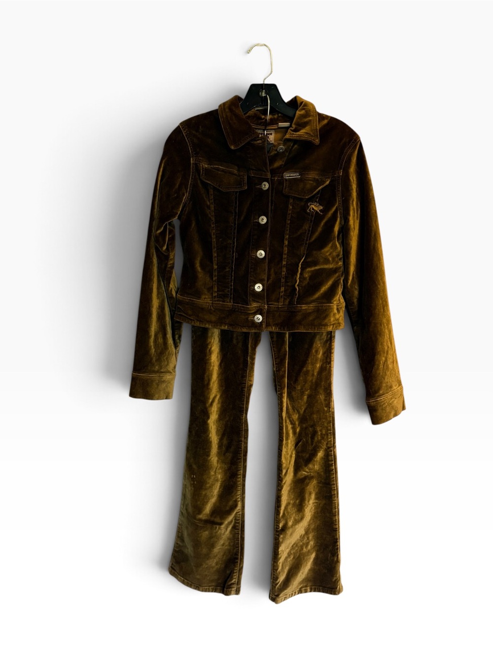 Vintage Y2K Parasuco Jeans Brown Velvet 2 Piece Set Flare Pants Jacket, sz S/26